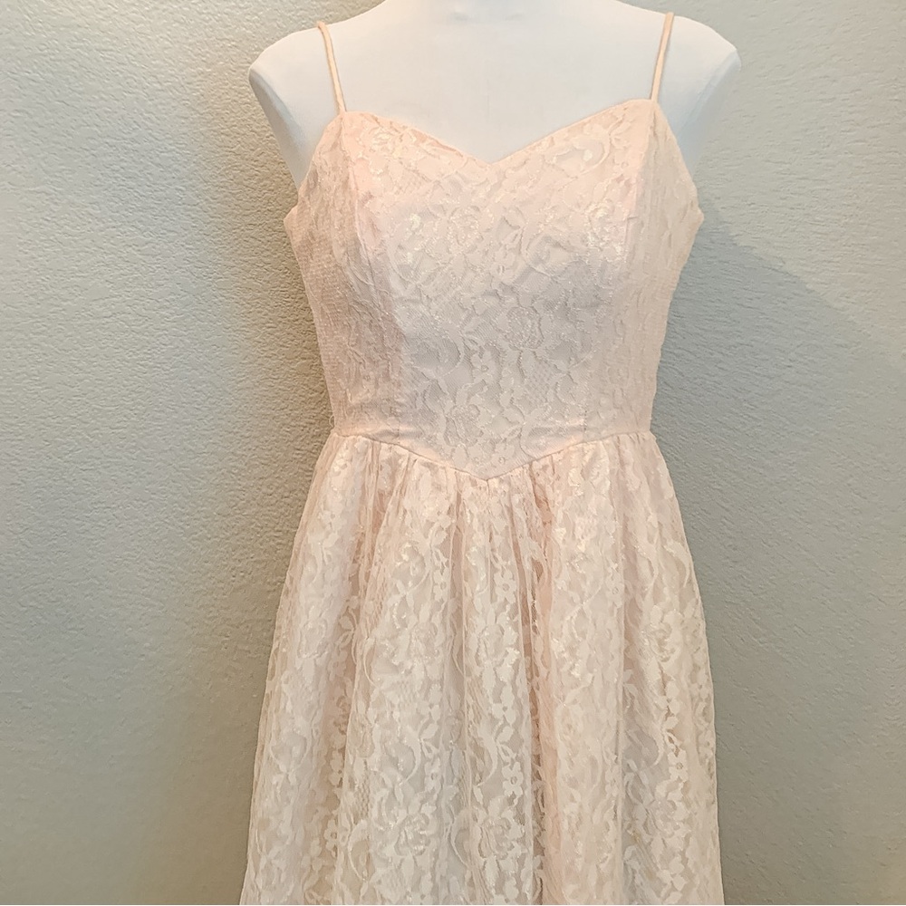 Vintage 70s 80s Pink Lace Party Dress Pinup Gown Sweatheart Neckline Size 5 XS/S